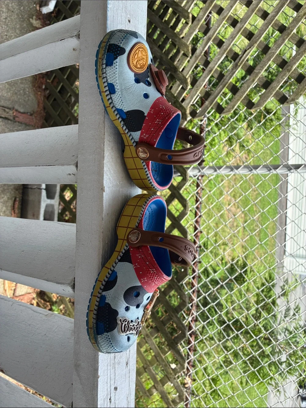CROCS Kids Woody Cow-Print Clogs in Light Blue, Brown & Red